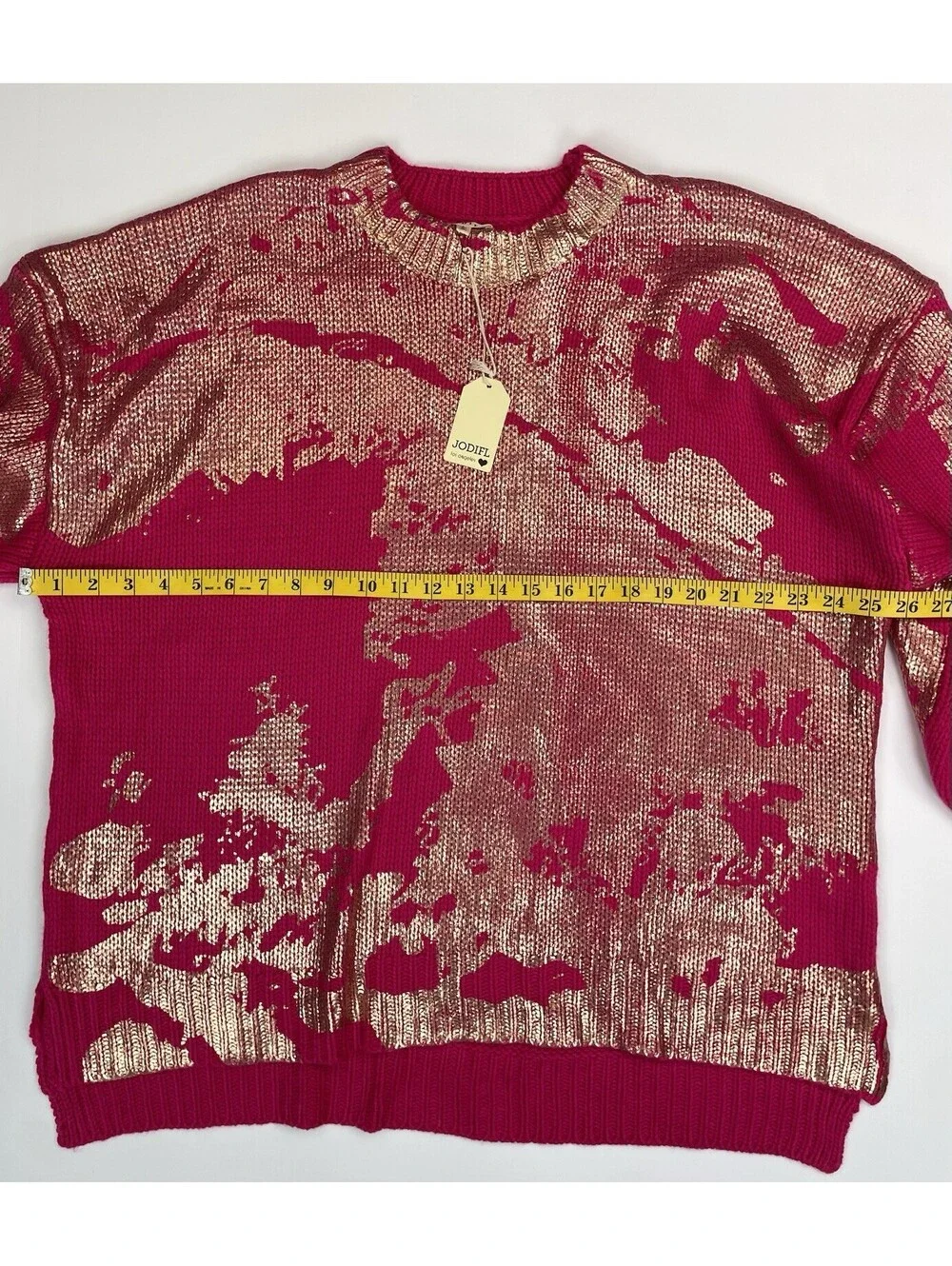 NWT Jodifl Hot Pink Metallic Gold Foil Sweater Oversized Distressed Knit Top S